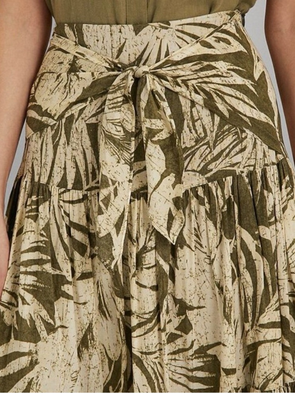 Ralph Lauren Olive & Cream Palm Leaf-Print Tie-Waist Midi Skirt Size 14